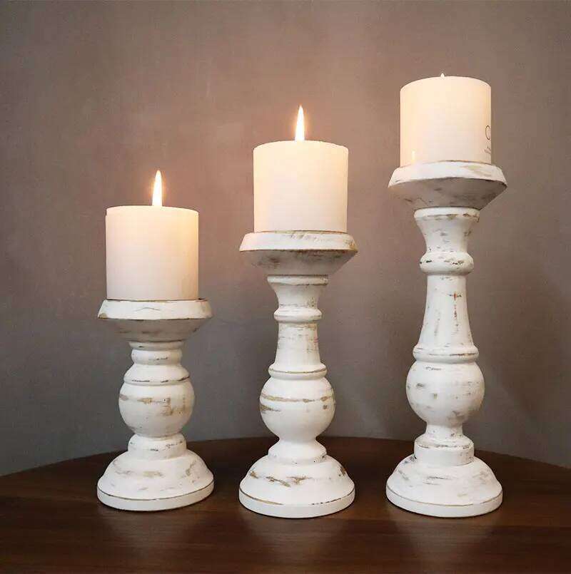 Solid Wood White Candlestick Tabletop Retro Candle Holder Home Decoration Wooden Candles Rack Nostalgic Photography Props Y260131