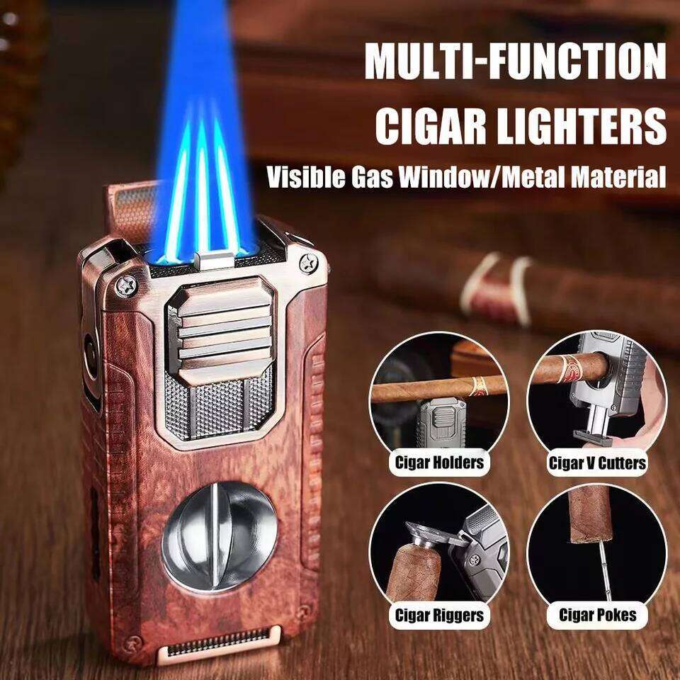 Strong Three Flame Lighter Multi-function V-shaped Cutter Bottom Drill Cigar Thru Needle Visual Gas Window W260202