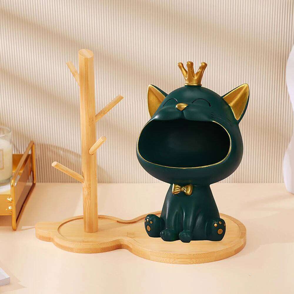 Storage With Wooden Rack Big Mouth Cat Resin Table Sculpture Entrance Crafts Household Supplies for Office Coffee Shop Y260202