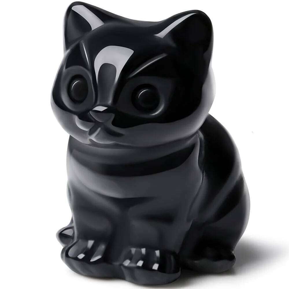 1.2" Black Obsidian Cat Halloween Statue Carved Stone Figurine Healing Crystals Gift Natural Gemstone Home Sculpture Decor Y260202