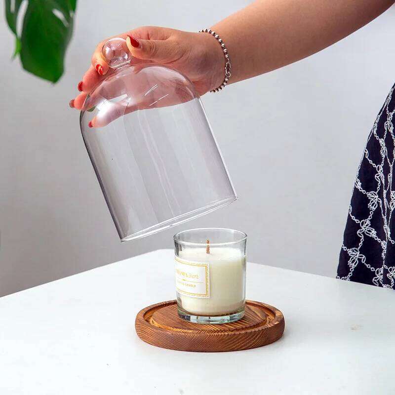 Holder Ornaments Dust-proof Glass Wooden Base Aromatherapy Candle Cover Display Box Home Decoration Y260131