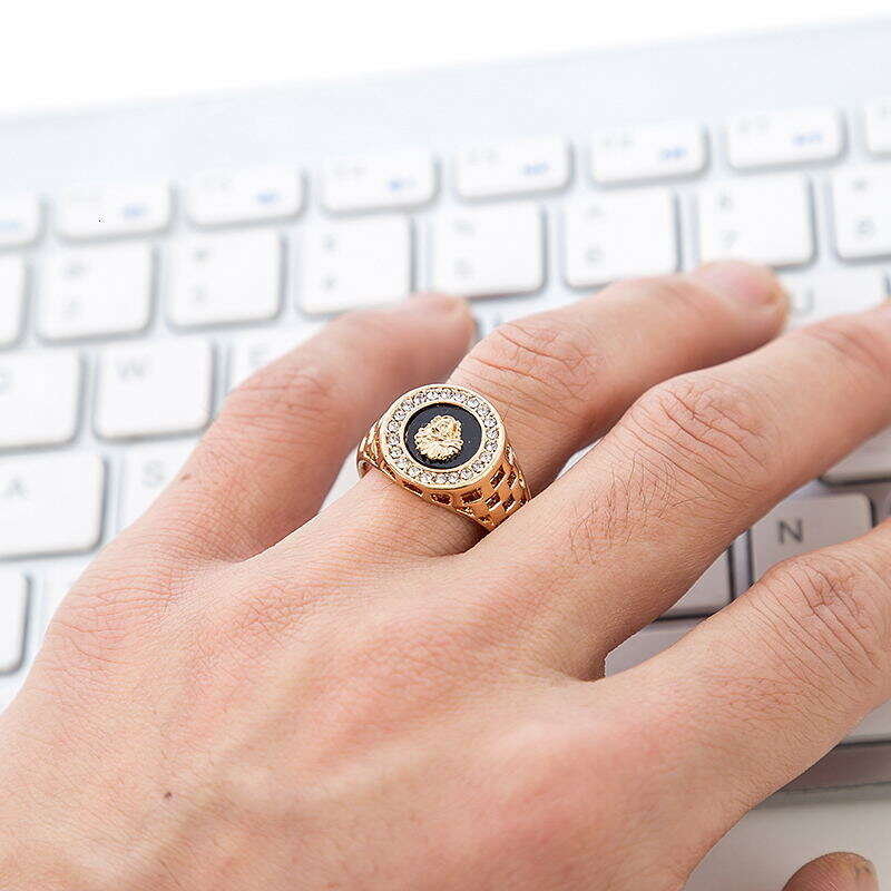 Jewelry European and American Fashion Men's Portrait & Ring Inlaid with Diamonds Hollow Oil Drop Round Lion Head Index Finger Ring