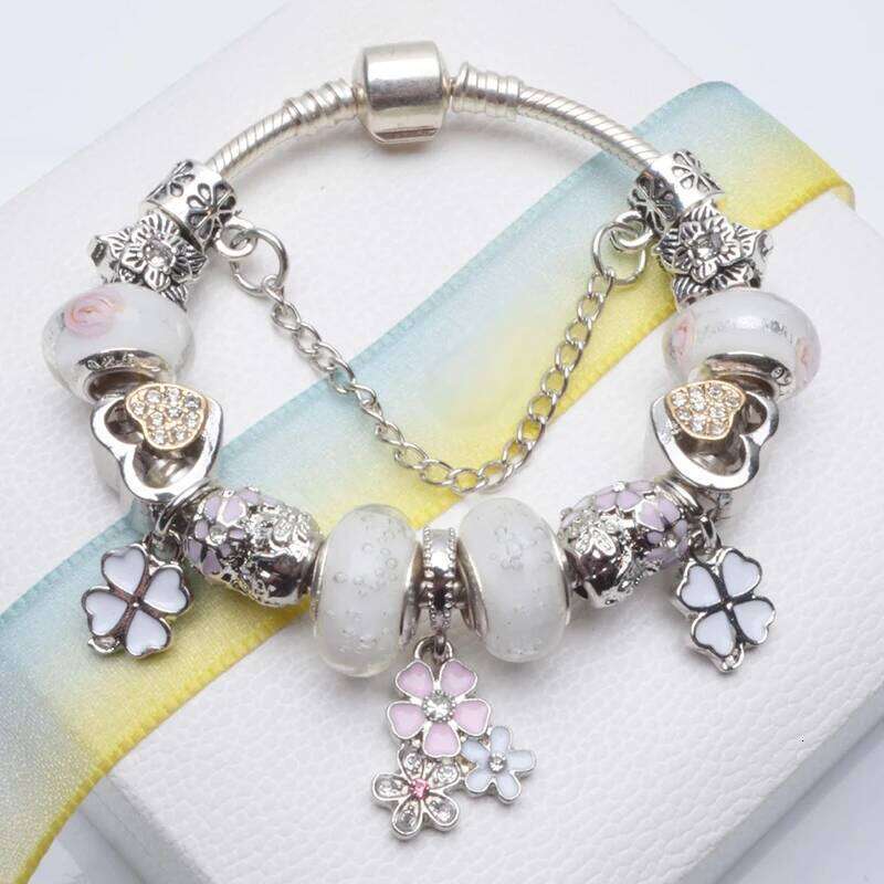 Cherry Blossoms Pendant Charm With White Love Heart & Crystal Beads Brand Bracelets Bangles For Women Fashion Jewelry H260202