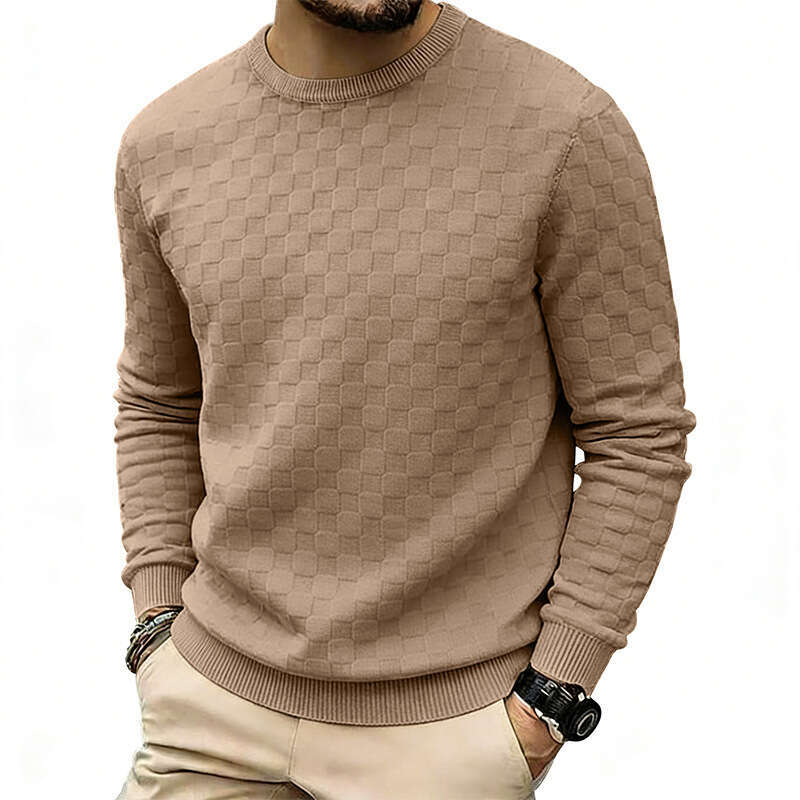 Men's Sweatshirt Style Spring and Autumn Loose Casual Simple Towel Jacquard Checkerboard Round Neck Long Sleeve Outdoor Recreation