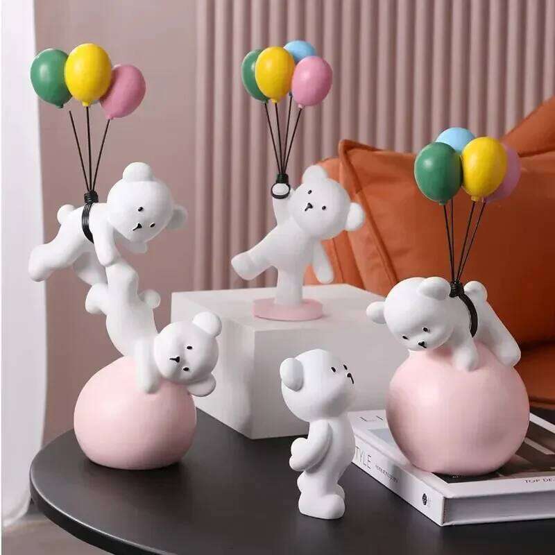 Cartoon Balloon Bear Statue Ornaments Cute Flying Sculpture Children Room Living Home Decor Office Desktop Y260202