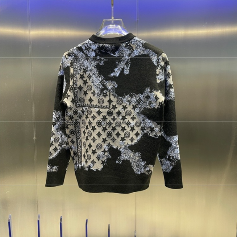 2026 New Design Jacquard Gradient Casual Sweater Men's Fashion Trend Warm Round Neck Knitted Sweater Black Blue