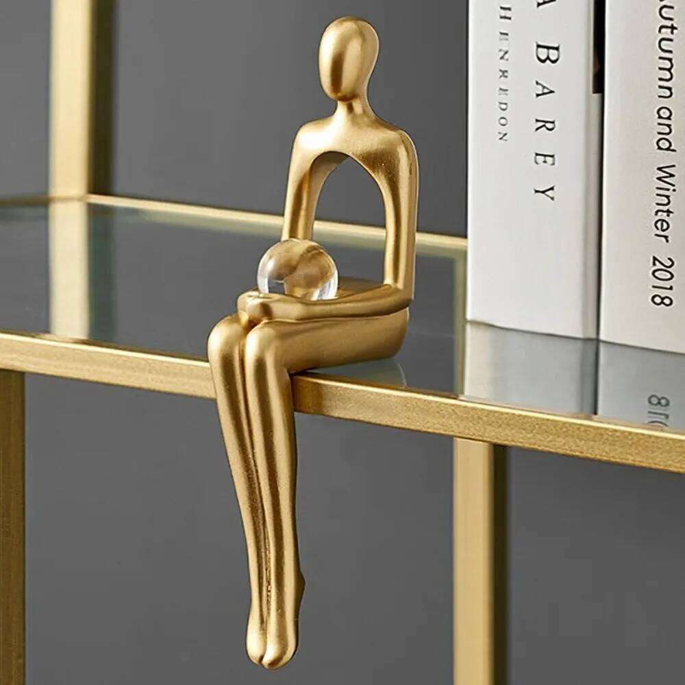 Resin Human Body Art Abstract Design Thinking Reading Man Figure Statue Golden Finish Desktop Ornament Office Supplies Y260202
