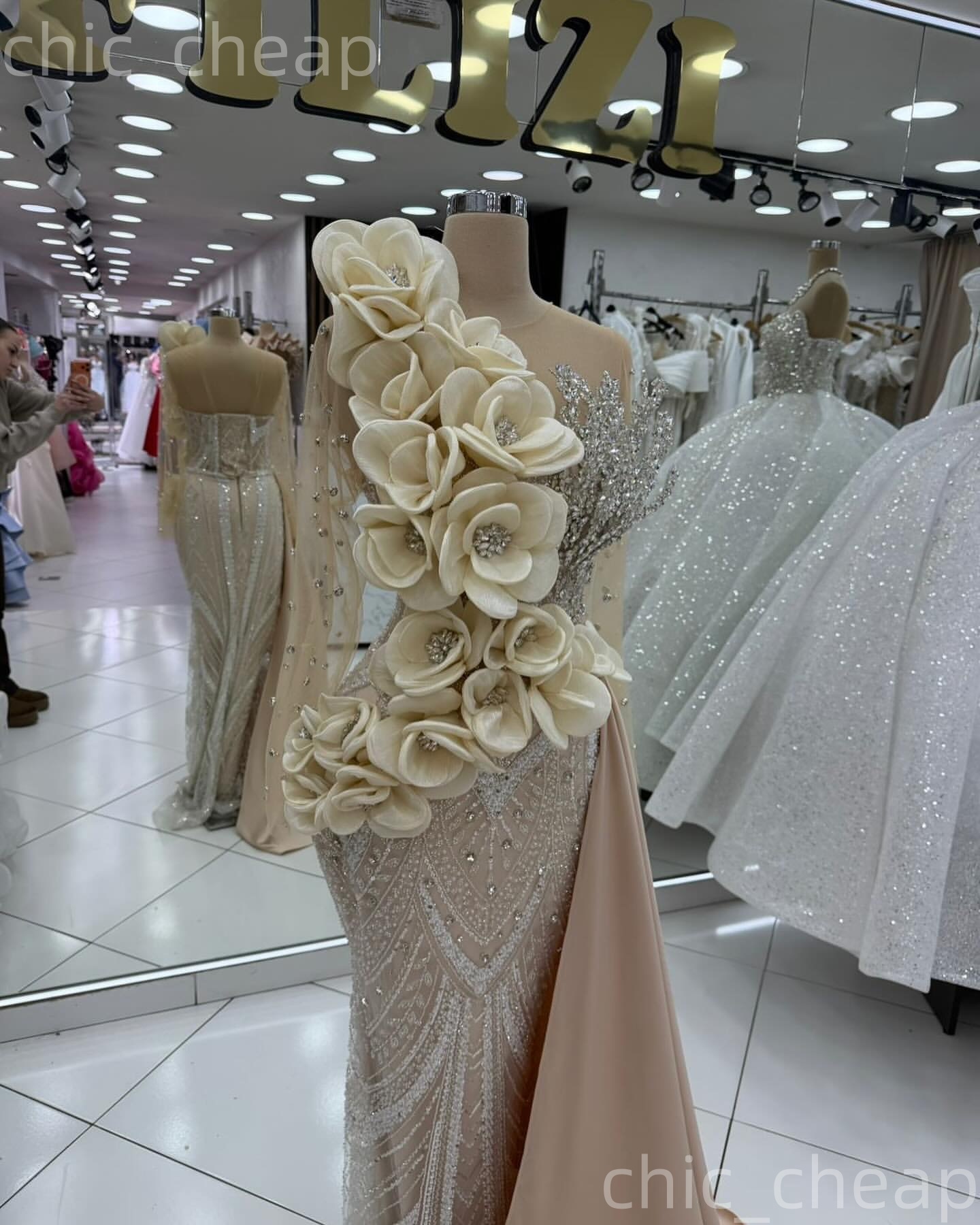 Aso Ebi Champagne Mermaid Prom Dresses 2026 Beaded Crystals Flowers Sheer Neck Evening Formal Party Second Birthday Engagement Gowns Dress For Special