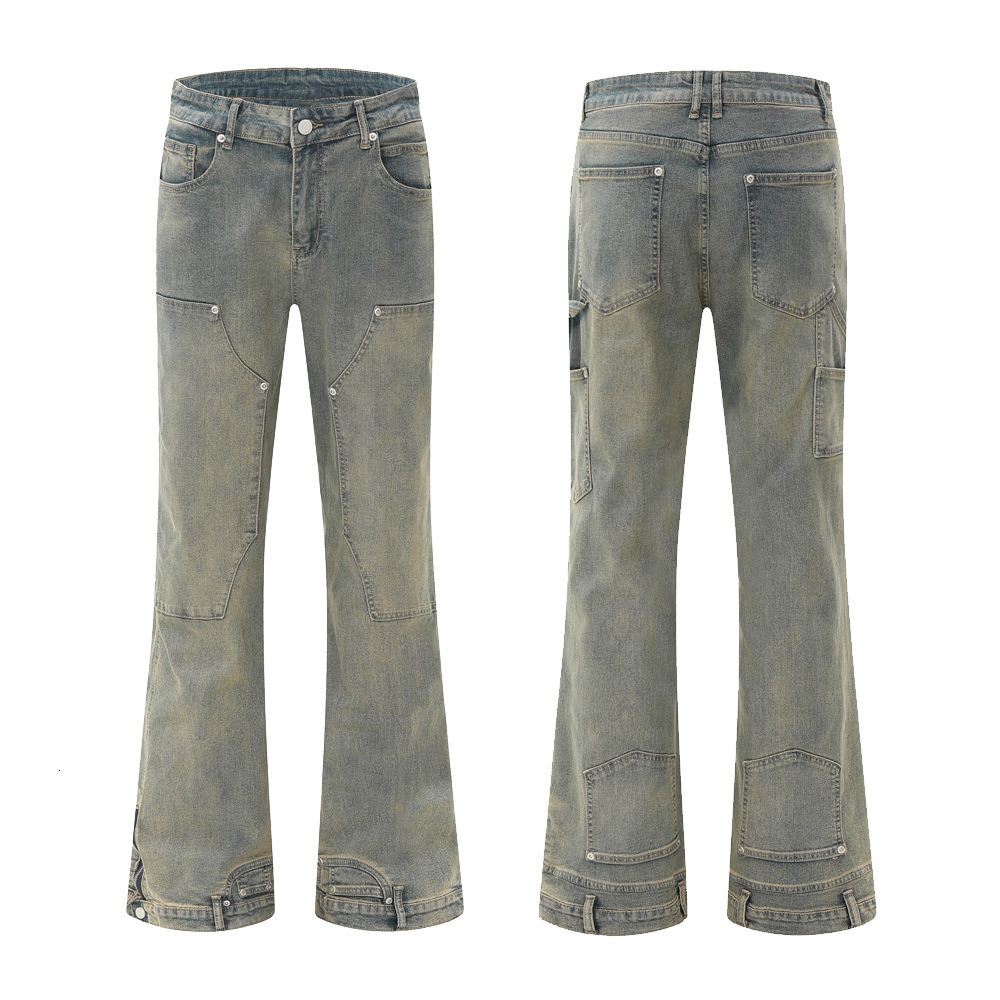 Reverse-Wear Washed Denim Flared Pants Mens Workwear Hippie Trendy Design Sense Personality Patchwork Vintage Long Pants