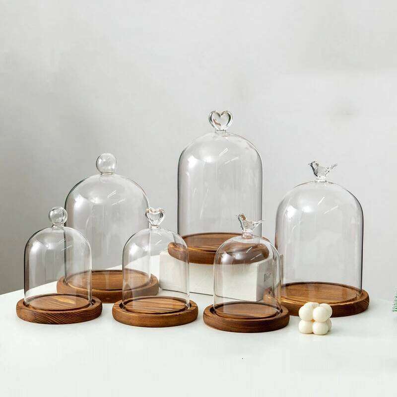 Holder Ornaments Dust-proof Glass Wooden Base Aromatherapy Candle Cover Display Box Home Decoration Y260131