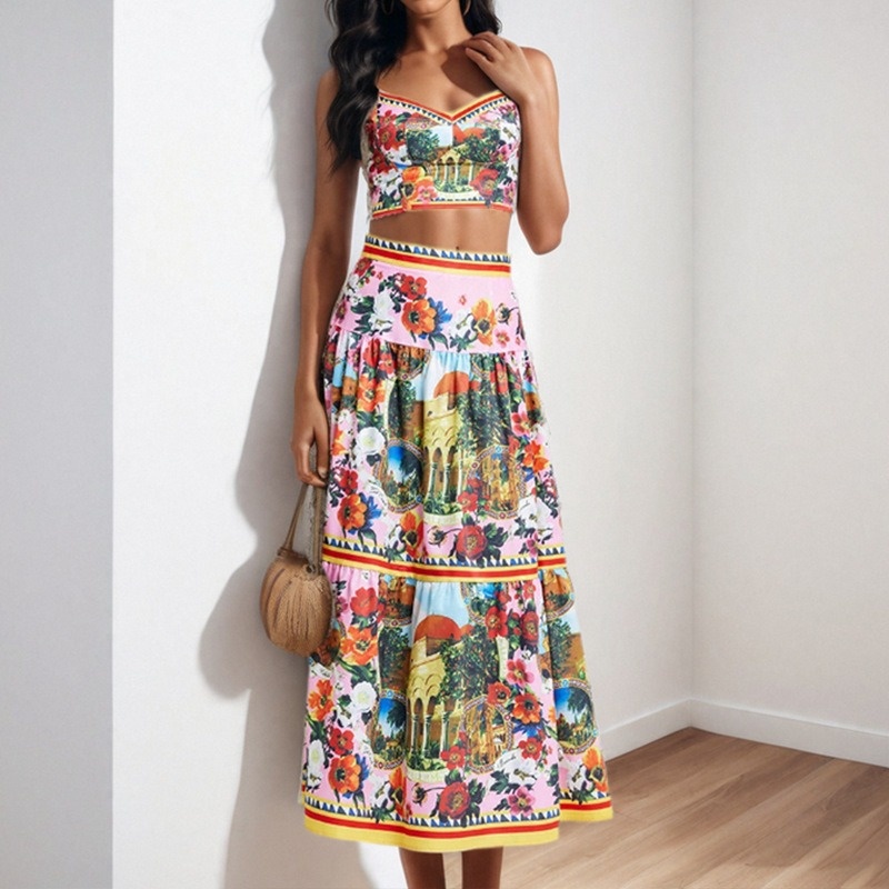 Spring new women's clothing - sexy patchwork plunging bandeau halter half-length skirt fashion set - two-piece set