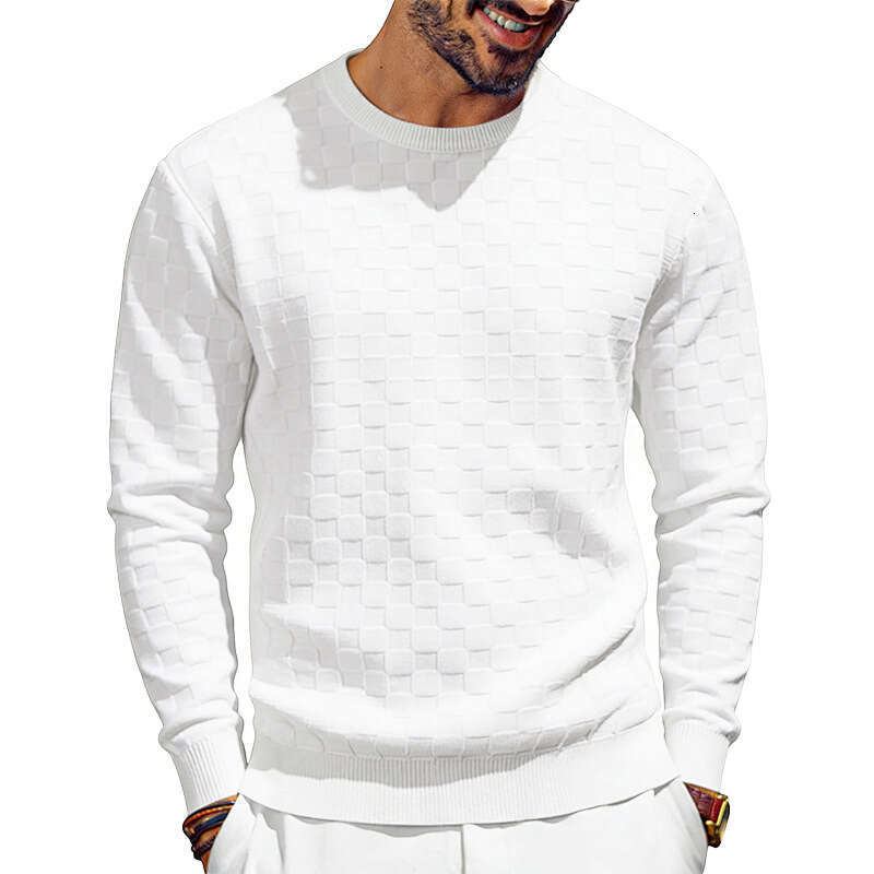 Men's Sweatshirt Style Spring and Autumn Loose Casual Simple Towel Jacquard Checkerboard Round Neck Long Sleeve Outdoor Recreation