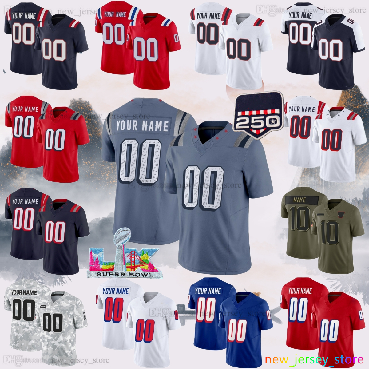 10 Drake Maye Jersey SuperBowl Football 0 Christian Gonzalez 8 Stefon Diggs 250th anniversary 32 TreVeyon Henderson 38 Rhamondre Stevenson Moss JerseysCustom S-6XL