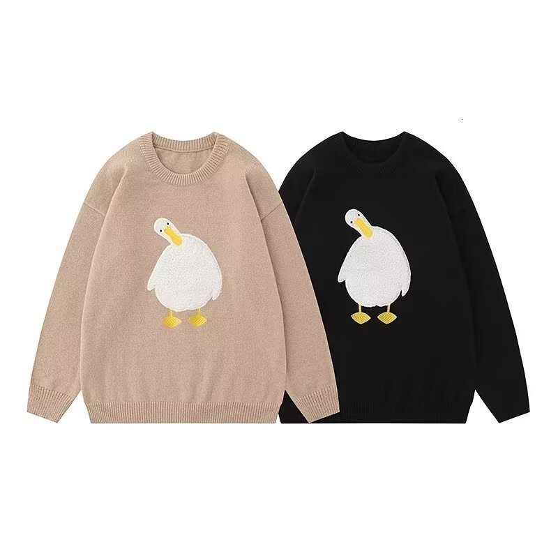 Men's Sweaters Harajuku Oversized Knitted Sweater Men Cartoon Duck Goose Embroidery Jumpers Japanese Fashion O-Neck Streetwear Couple Unisex 230208