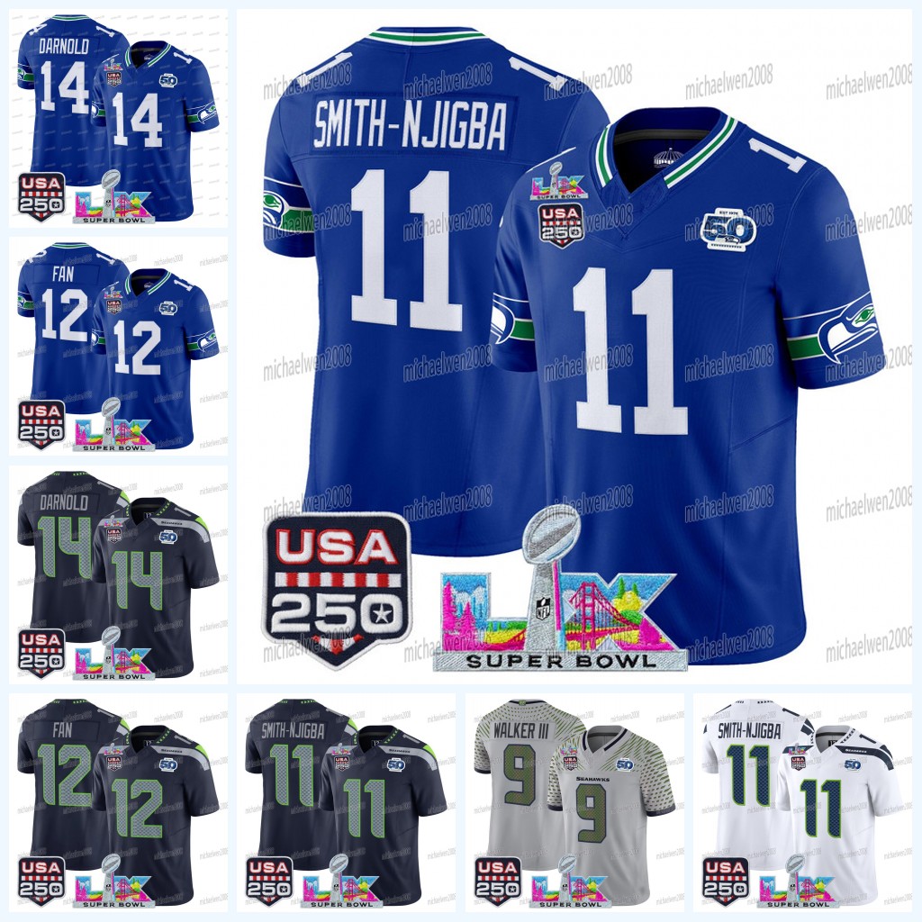 Seattles Seahawkss 2026 Super Bowl LX Patch 50th Anniversary USA 250 Patch Football Jersey Sam Darnold Jaxon Smith-Njigba Witherspoon Walker Lockett Wagner Large
