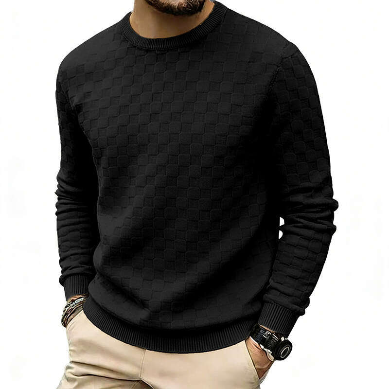 Men's Sweatshirt Style Spring and Autumn Loose Casual Simple Towel Jacquard Checkerboard Round Neck Long Sleeve Outdoor Recreation