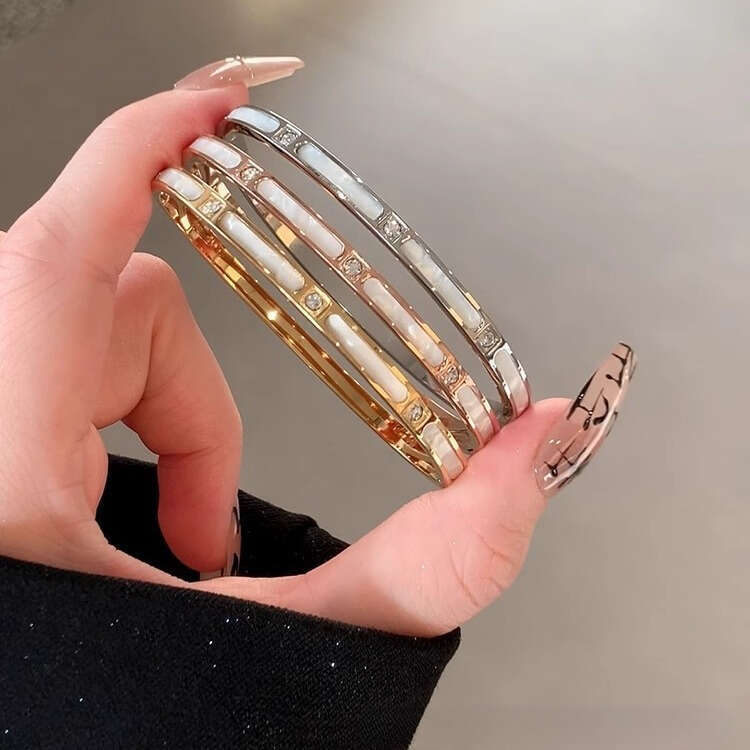 White Mother-of-Pearl Bamboo-Knot Bracelet Titanium Steel Premium Minimalist Round Shell-Inspired Bracelet Women's Fashion Jewelry