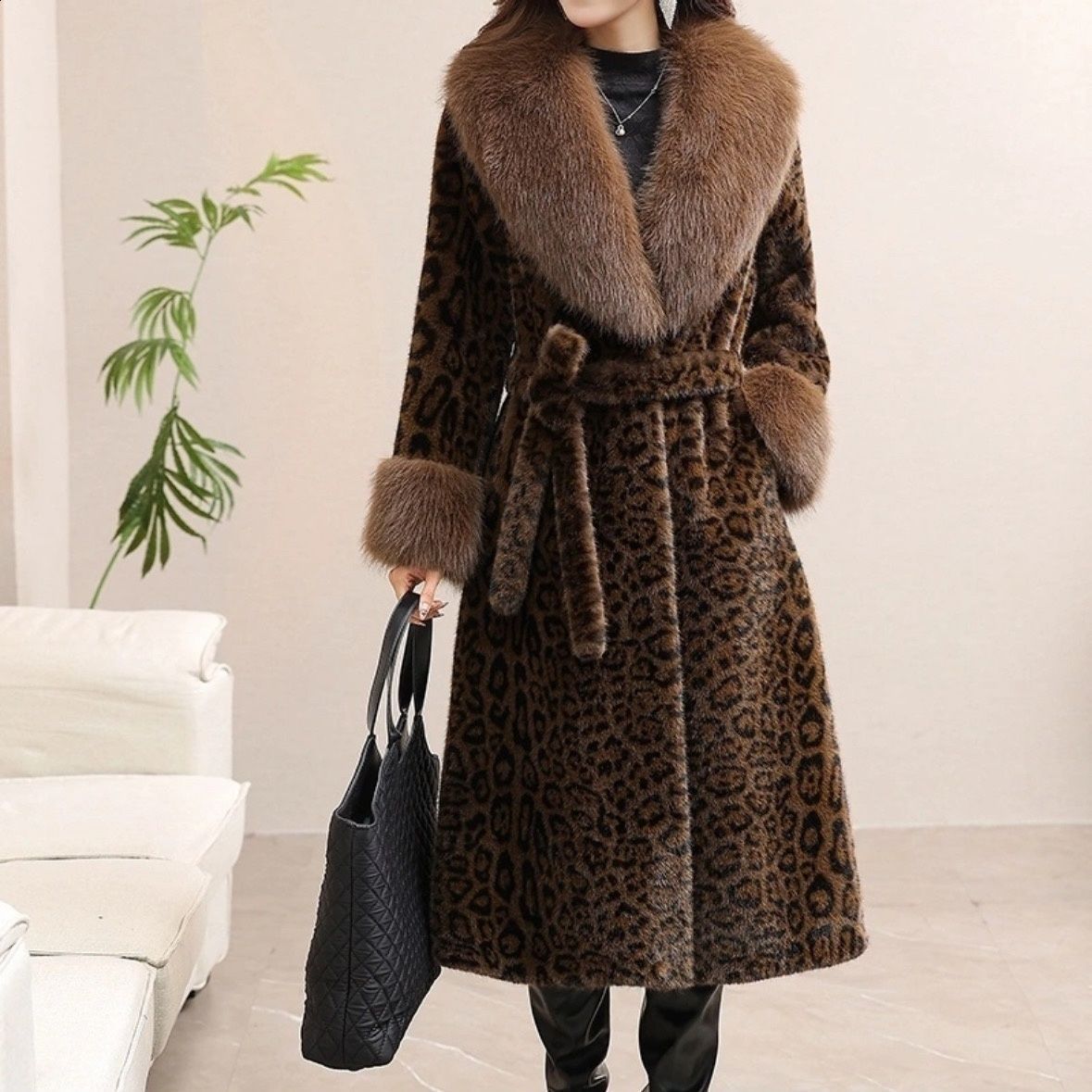 DEAT Fashion Womens Mink Coat Womens Fur Collar Loose Buckle Panther Plush Coat Winter Edition 241202