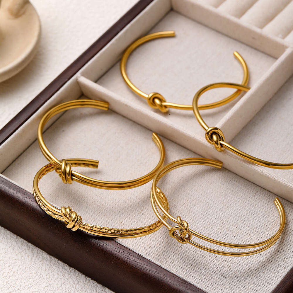 Stainless Steel Knotted C-Shaped Bracelet 18K Gold-Plated Open-Ended Minimalist Double-Layer Women's Bracelet Jewelry