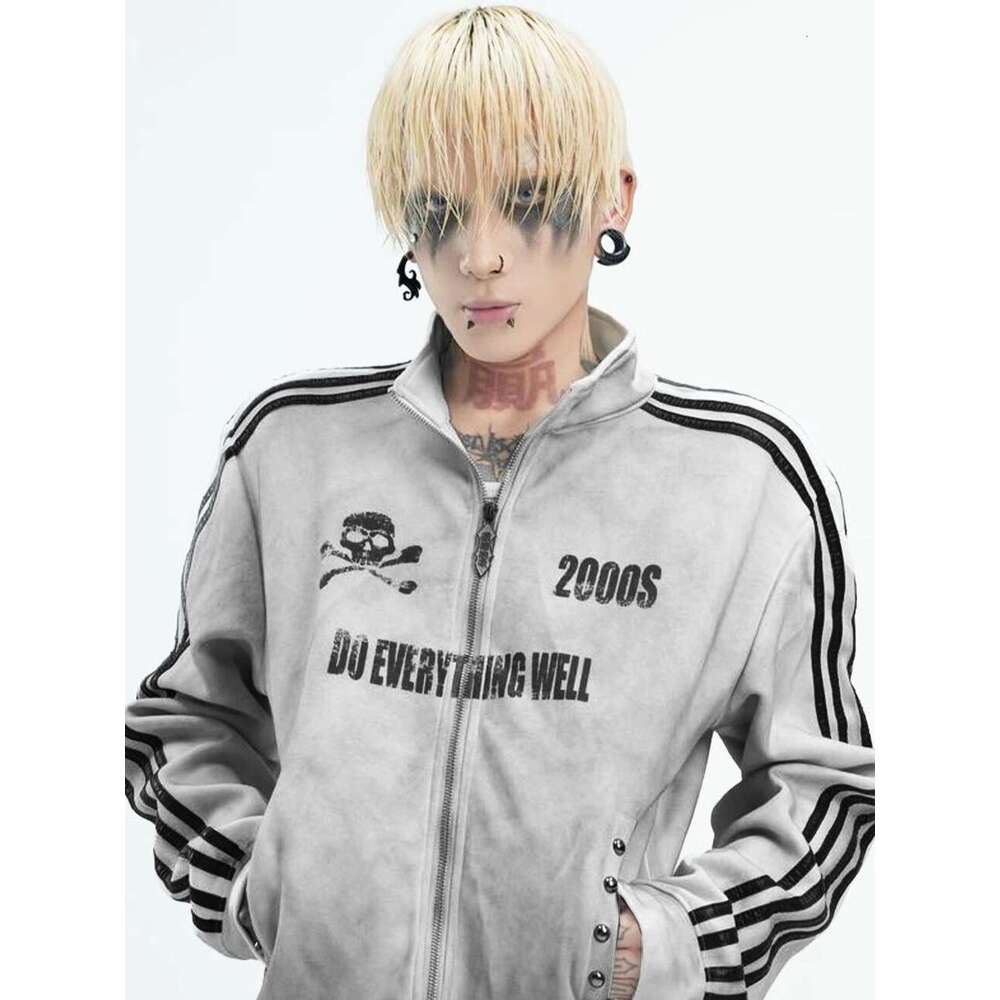 Street retro distressed high street loose wide-leg hoodie with double logo patches hip-hop style, Instagram fashion for both men and women. J260203