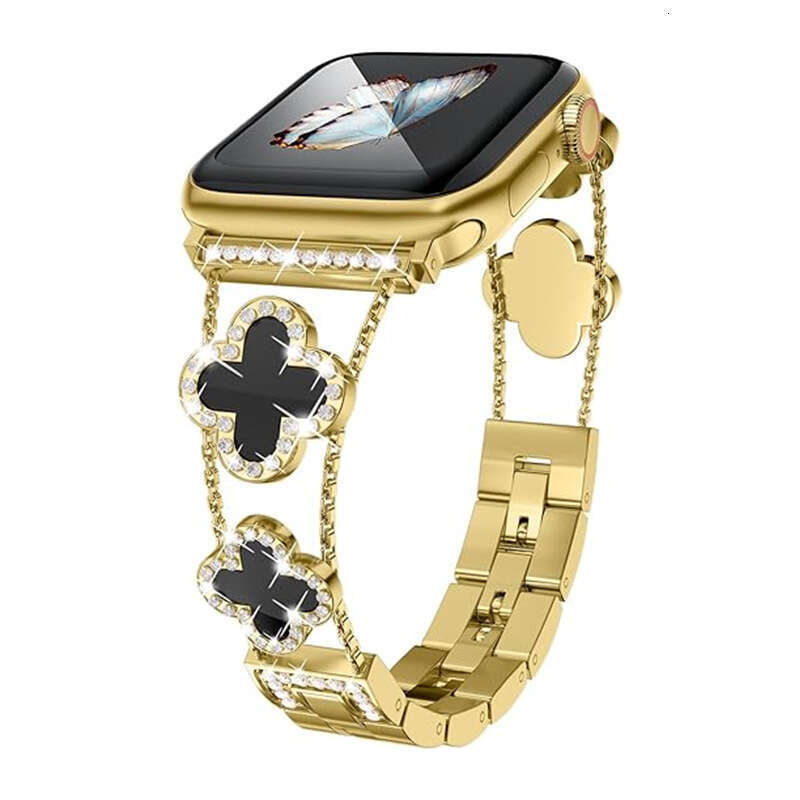 Clover Diamond-Encrusted Metal Watch Band Sparkly Bracelet Strap Compatible with Apple Watch Series 1-8 SE Ultra