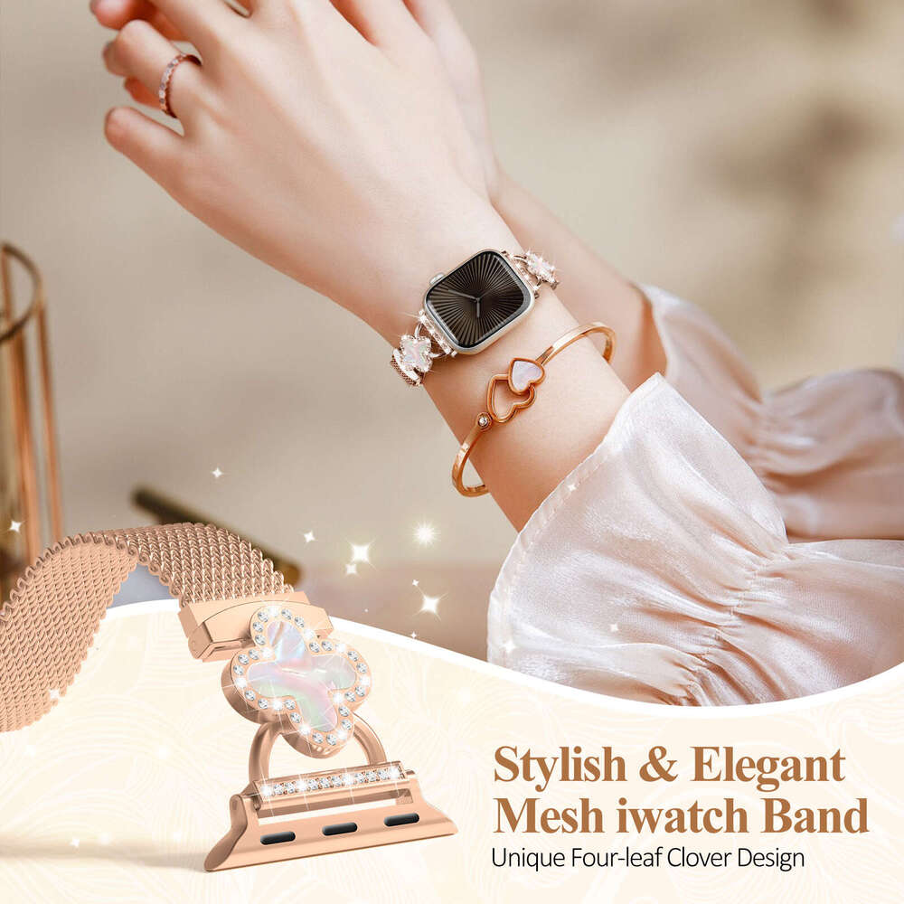 Shiny Clover & Rhinestone Milanese Band Elegant Bracelet Strap for Apple Watch Series 1-11 Ultra SE