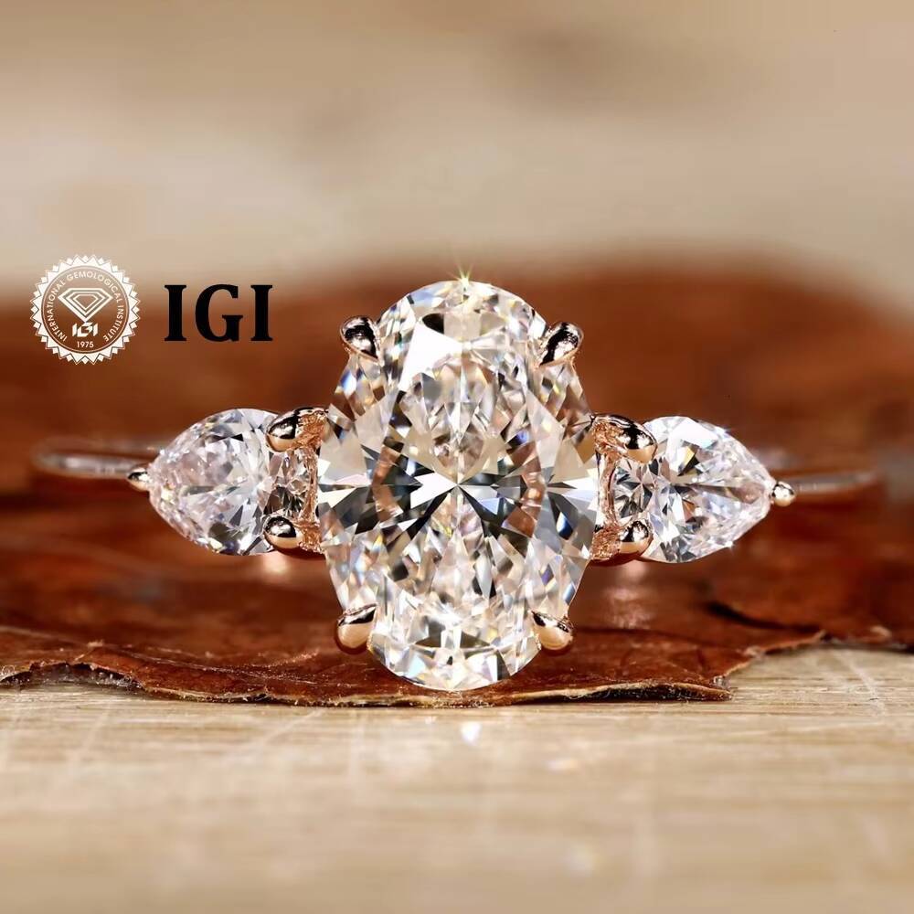 Luxury 3CT Oval Cut Three Stone 18k Plated 925 Silver Engagement Rings IGI Certified Lab Grown Diamond Ring