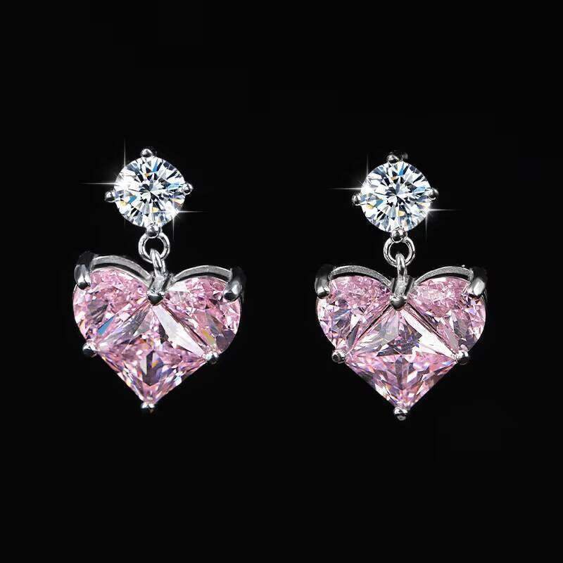Trendy S925 Silver Inlaid 0.5Ct White Moissanite With Pink Heart Pendant Earrings For Women Birthday Wedding Gift