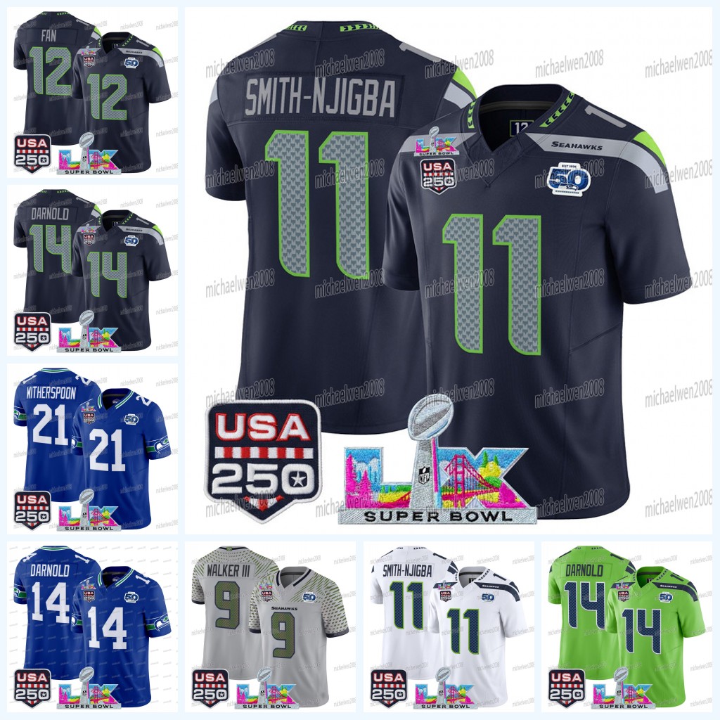 Seattles Seahawkss 2026 Super Bowl LX Champions 50th Anniversary USA 250 Football Jersey Sam Darnold Kupp Jaxon Smith-Njigba Witherspoon Walker Lockett Wagner