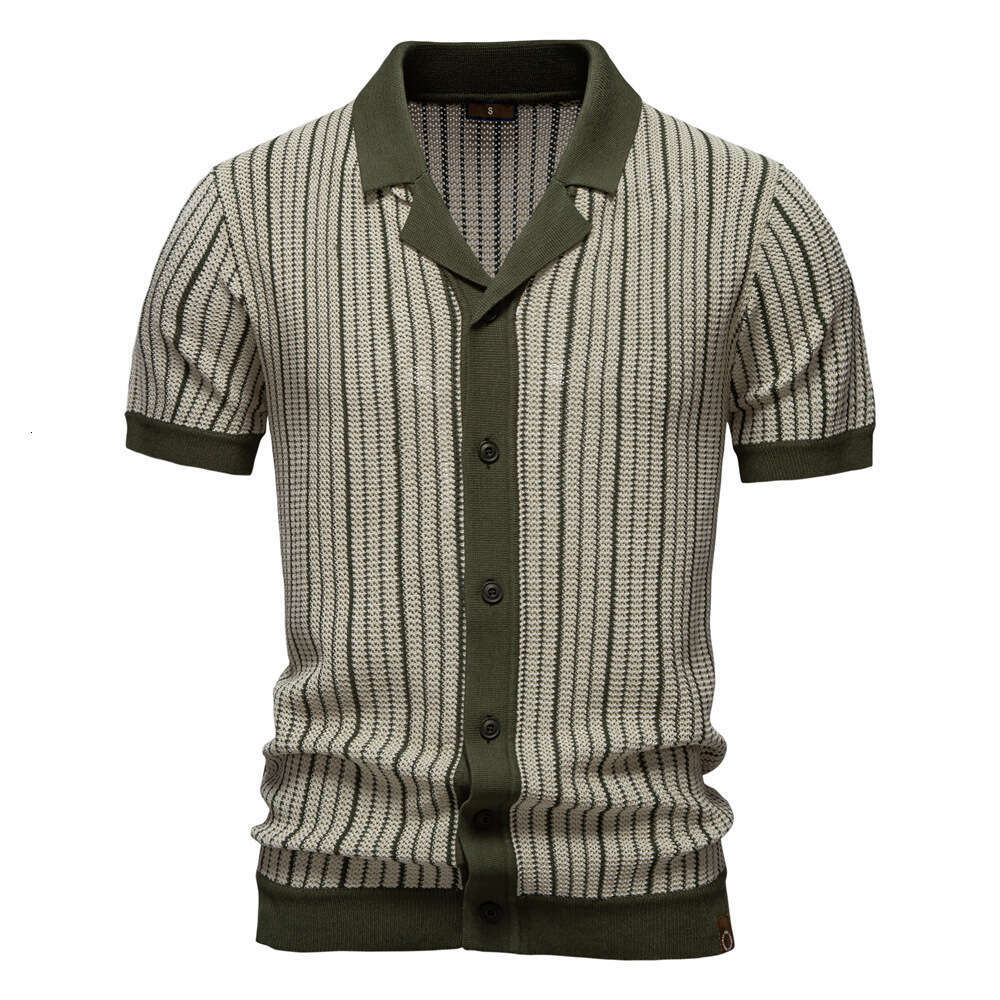 2026 Summer New European and American Men's Short Sleeve Knitted Striped Fashion Business Polo Shirt for Men