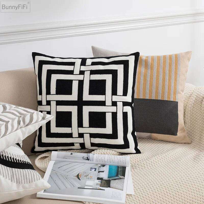 Home Decor Black Grey Cushion 45x45cm Geometric Embroidery Pillow Cover Soft Cozy for living Bed Room