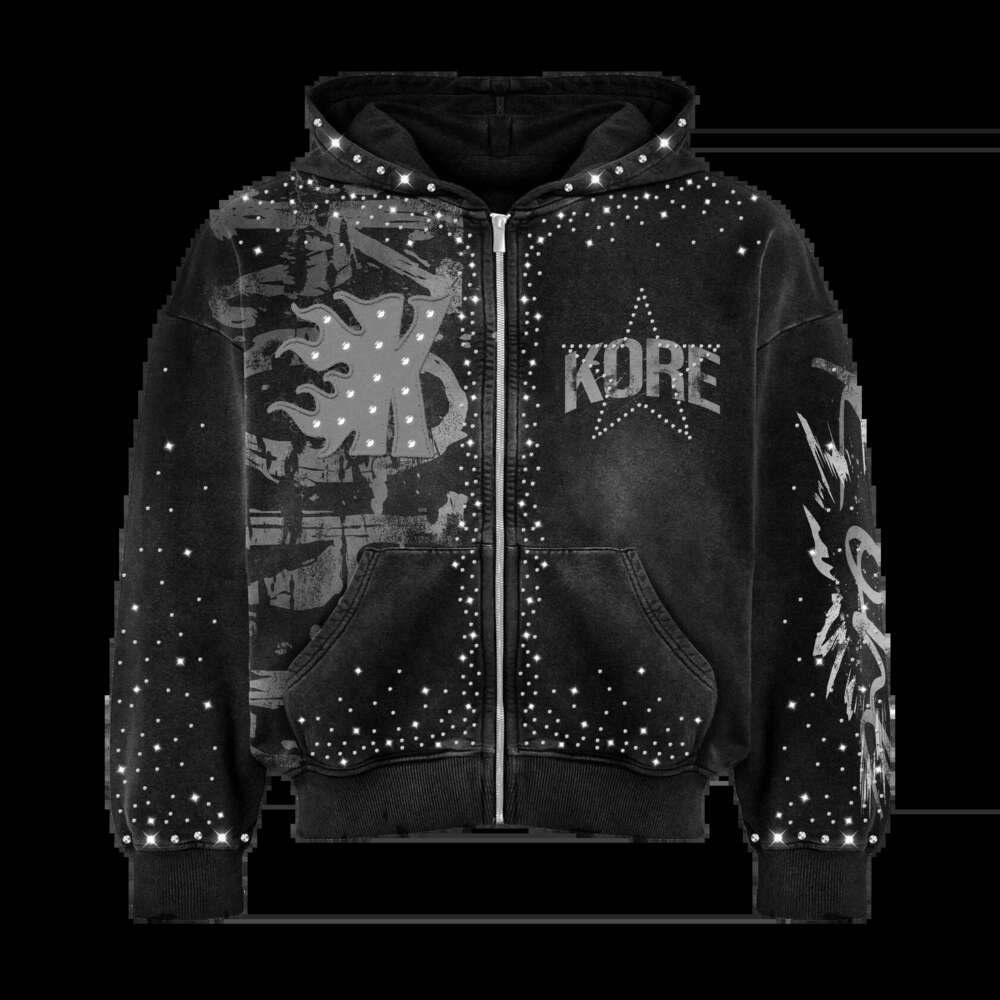 Autumn Winter Season Unisex Fashion Set Street Style Rhinestone Zipper Hoodie Drawstring Pants European And American