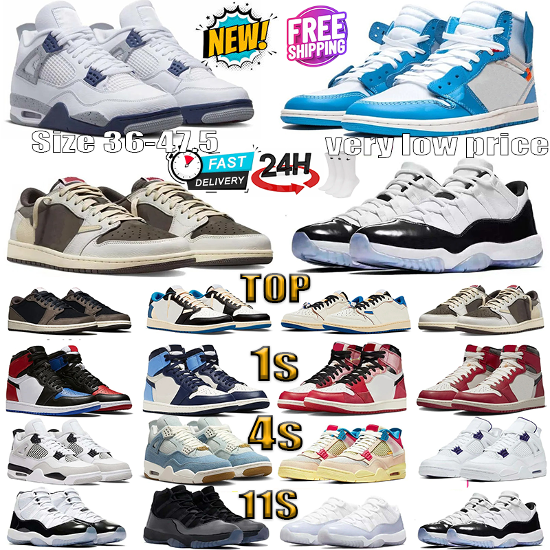 Designer 1s 4s 11s Basketball Shoes for Men Women travis Black Cat Cement Cherry Thunder Metallic University Game Scot low 1 Sneakers Trainers Sneakers size 36-47