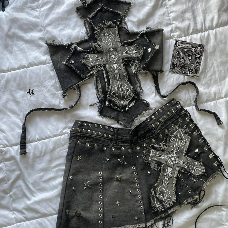 American Fashion Cross Embroidery Patch Short Suit Female Y2K Harajuku Style Sexy Spice Slim Denim Skirt Streetwear 250320