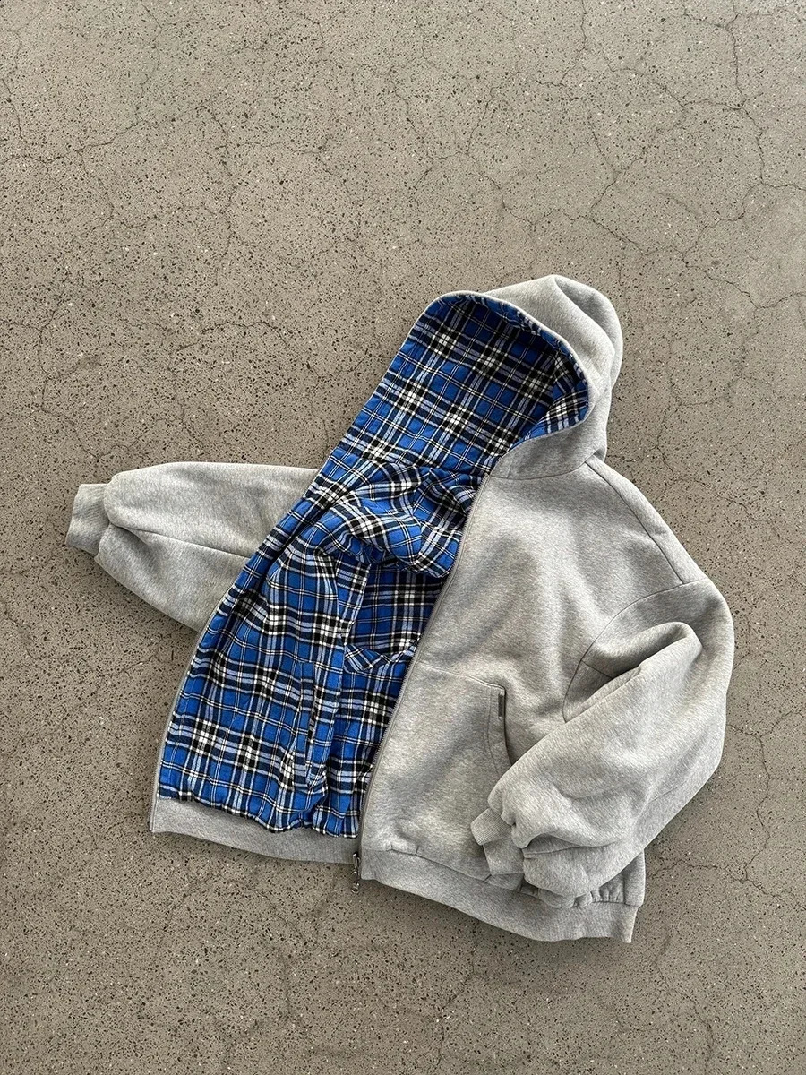 Korea DoubleSided Plaid Loose Zipper Hoodie Men Women Y2K Harajuku HipHop Gothic Couple Casual Joker Sweatshirt Street Wear 260126