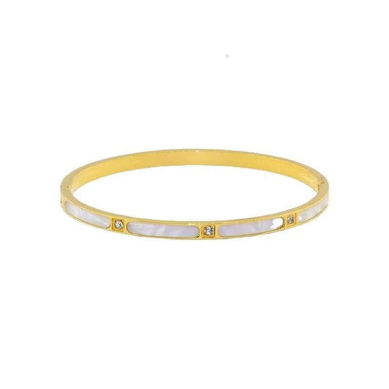 White Mother-of-Pearl Bamboo-Knot Bracelet Titanium Steel Premium Minimalist Round Shell-Inspired Bracelet Women's Fashion Jewelry