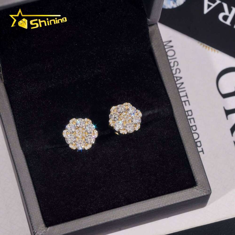Fine Jewelry Big Luxury Cluster Flower Hip Hop 925 Sterling Silver Moissanite Stud Earrings