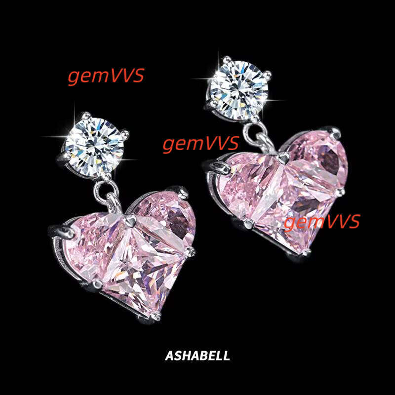 Trendy S925 Silver Inlaid 0.5Ct White Moissanite With Pink Heart Pendant Earrings For Women Birthday Wedding Gift