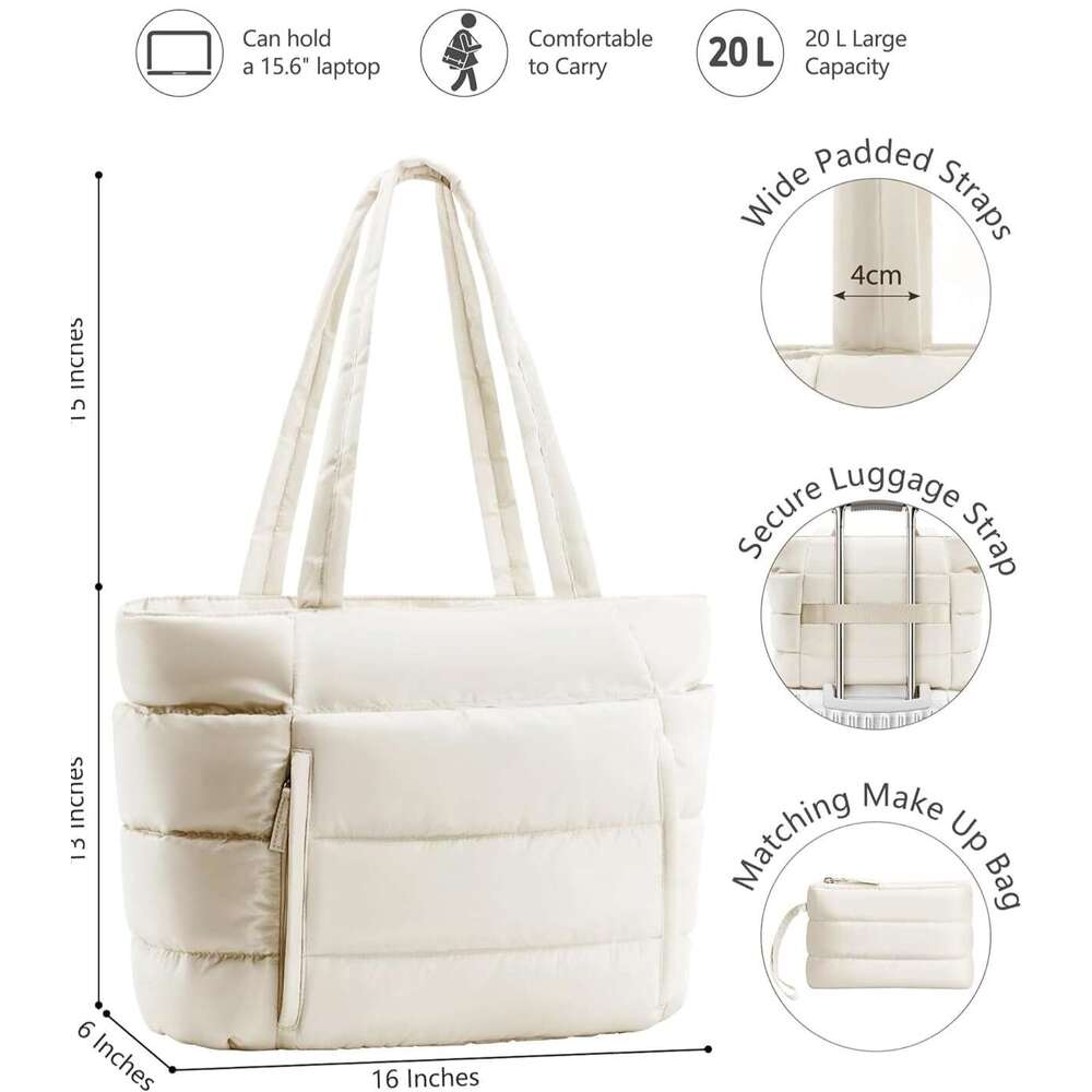 Puffer Tote Women Lightweight Puffy Work Handbag Teacher Nurse Quilted Shoulder School Travel Gym Cloud Bag W Zipper Daily College Bags Computer