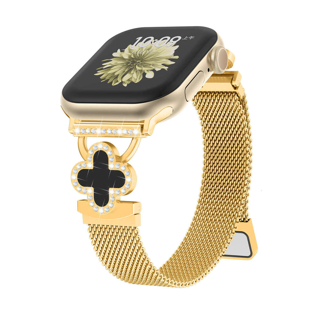 Shiny Clover & Rhinestone Milanese Band Elegant Bracelet Strap for Apple Watch Series 1-11 Ultra SE