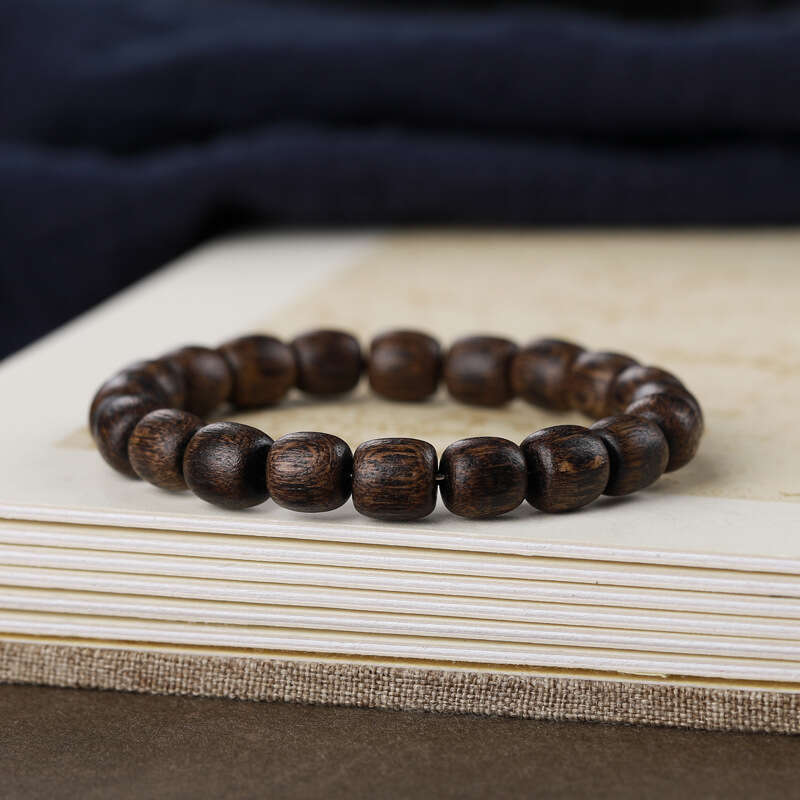Authentic Vietnamese Agarwood Grade Barrel Men's Buddhist Cultural Play Apple Beads Plain Bracelet Black Oil Old Material - view 4