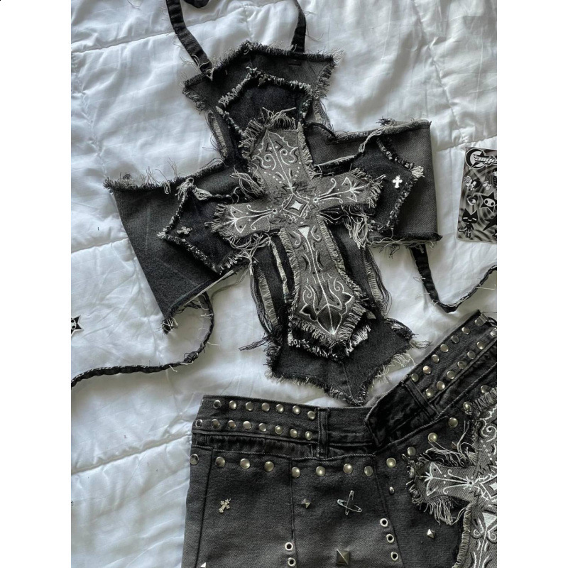 American Fashion Cross Embroidery Patch Short Suit Female Y2K Harajuku Style Sexy Spice Slim Denim Skirt Streetwear 250320