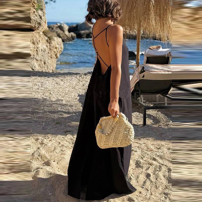 Stylish Leisure Backless Sleeveless Long Sling Dresses Summer Holiday Solid Color Beach Women Casual Simple Camisole Dress ddmythur