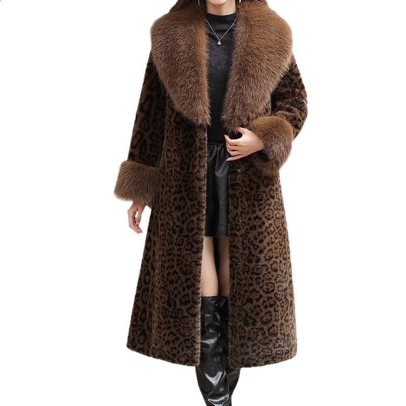 DEAT Fashion Womens Mink Coat Womens Fur Collar Loose Buckle Panther Plush Coat Winter Edition 241202