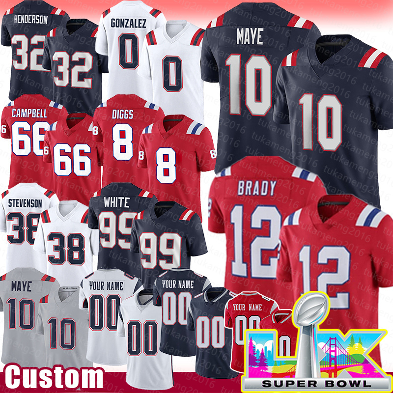 Drake Maye Tom Brady Football Jerseys TreVeyon Henderson Christian Gonzalez Will Campbell Stefon Diggs Rhamondre Stevenson Keion White Jabrill Peppers