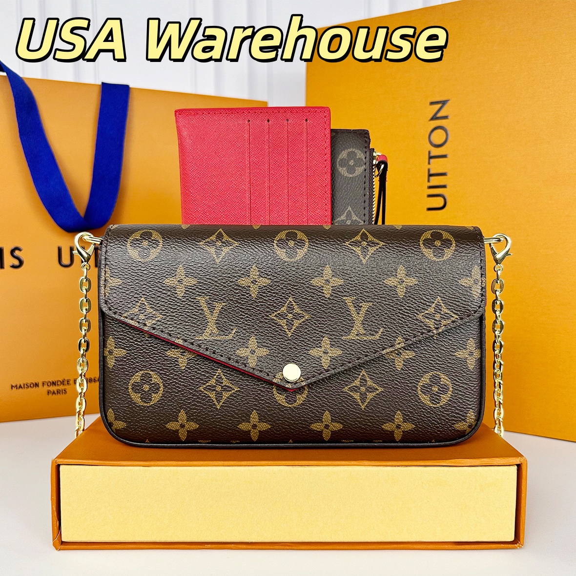 Louis vouiton bag Pochette Felicie Designer Bag Shoulder Bag Women's Luxury Old Flower Easy Pouch Brown Coated Canvas Cowhide Leather Chain Bag Crossbody Bag