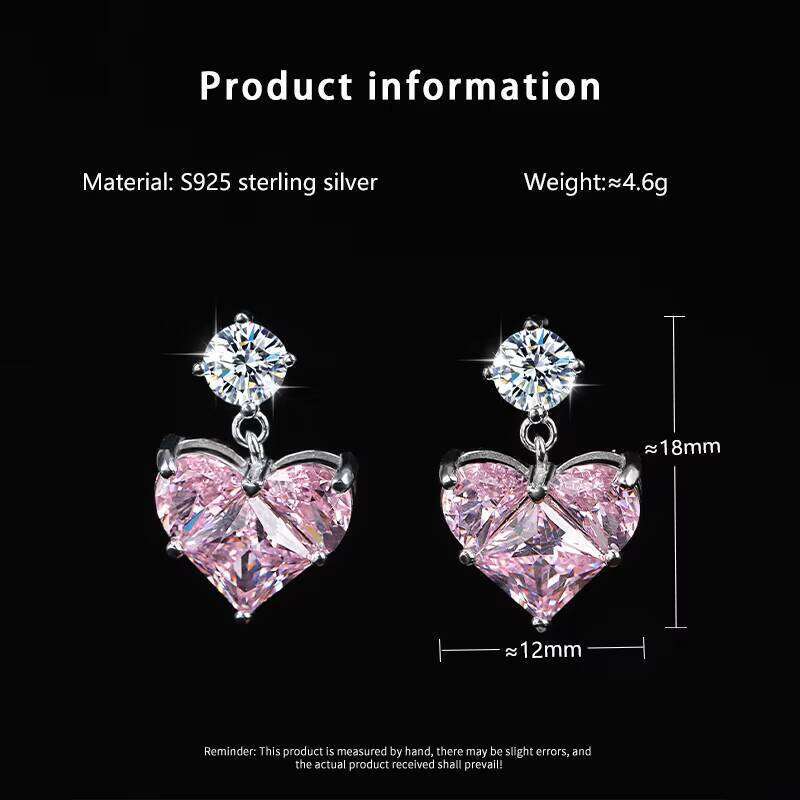 Trendy S925 Silver Inlaid 0.5Ct White Moissanite With Pink Heart Pendant Earrings For Women Birthday Wedding Gift