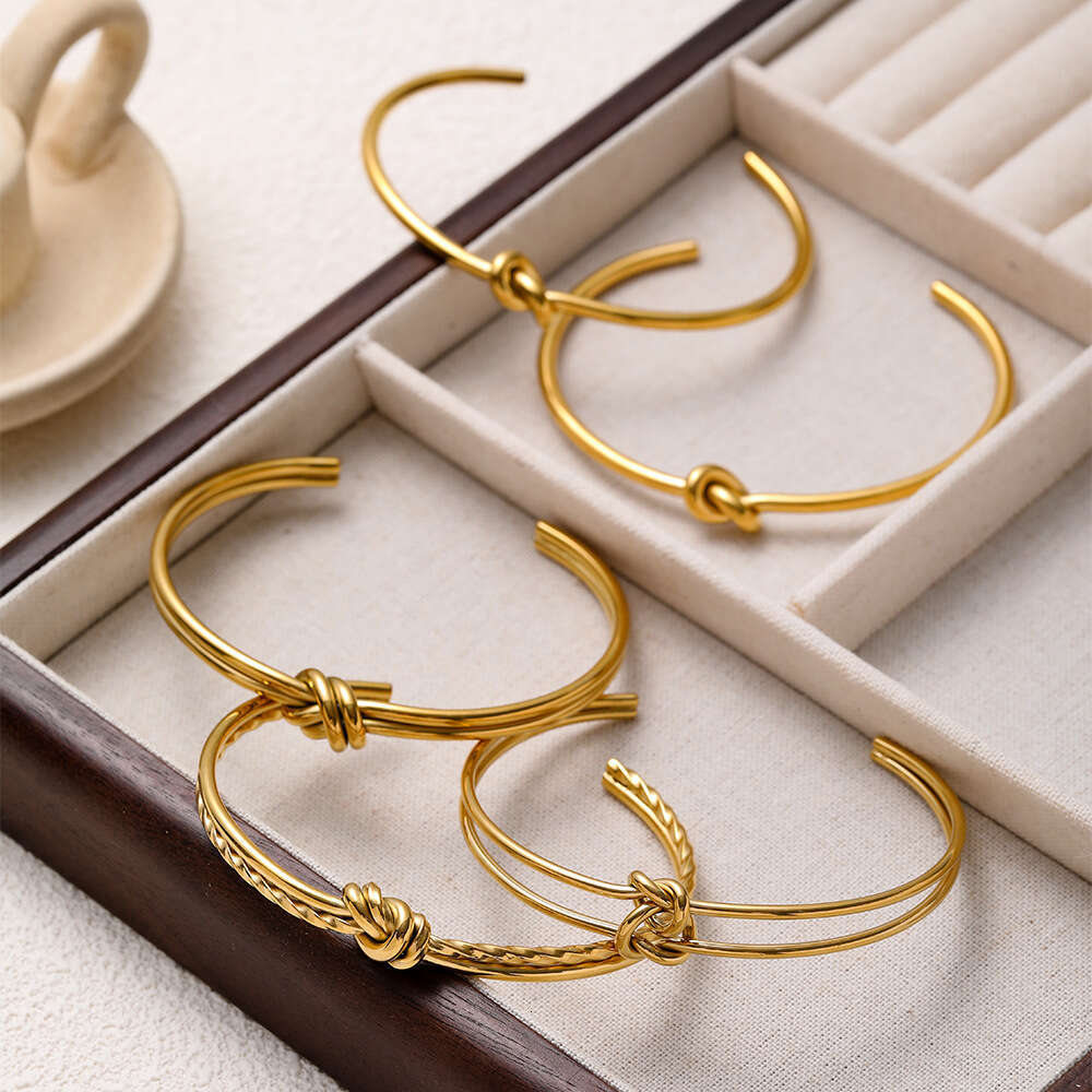 Stainless Steel Knotted C-Shaped Bracelet 18K Gold-Plated Open-Ended Minimalist Double-Layer Women's Bracelet Jewelry