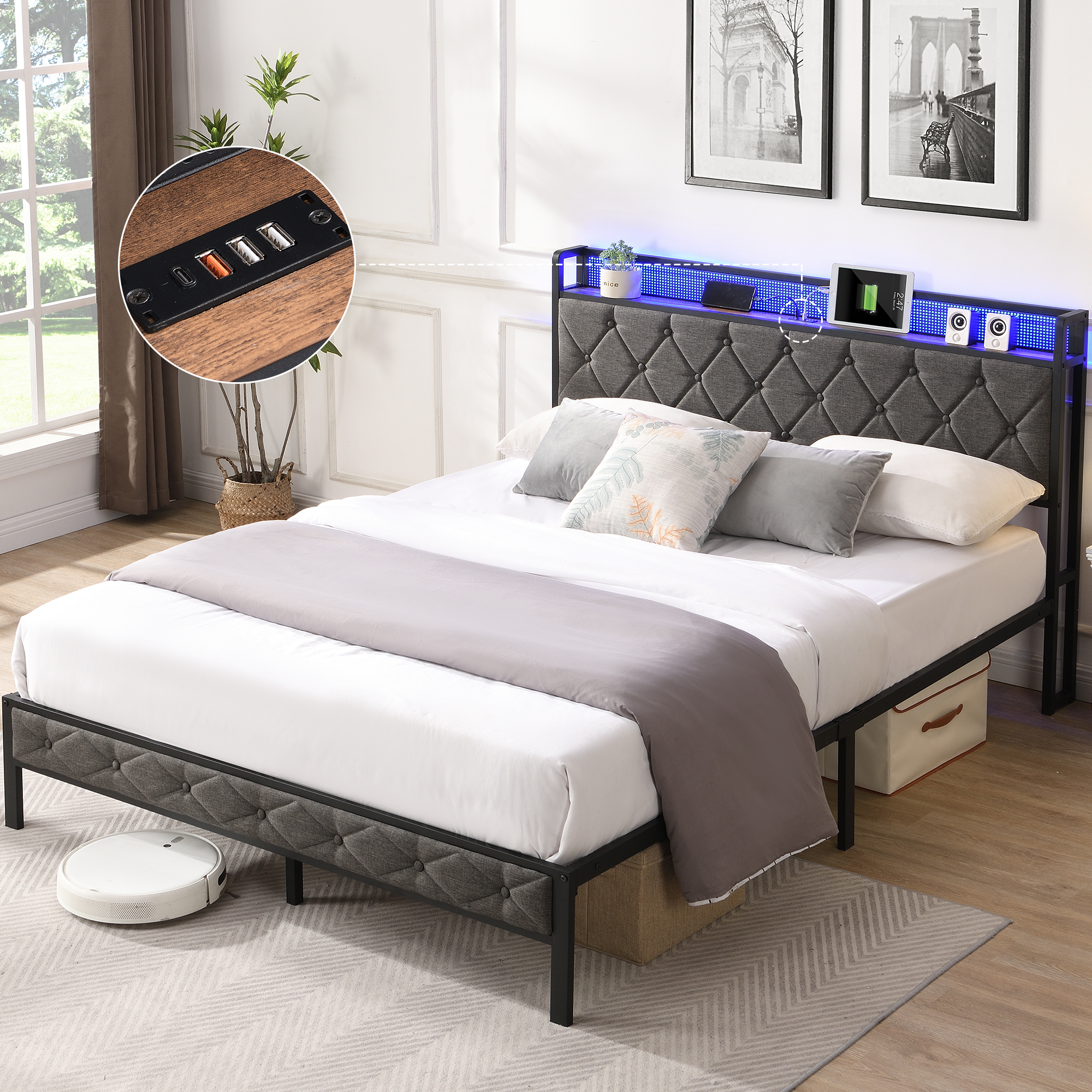 Full Bed Frame with Storage Headboard Charging Station and LED Lights Upholstered Platform Bed with Heavy Metal Slats No Box Spring Needed Noise Free