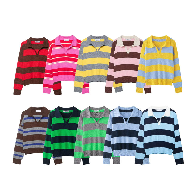Women's Sweaters Zevity Women Fashion Polo Collar Contrast Striped Crochet Knitting Sweater Female Chic Long Sleeve Pullover Coat Tops